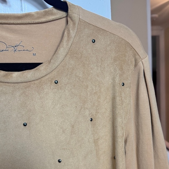 Diane Gilman Tan Faux Suede Mixed Media Long Sleeve Top with Stud Accents - Picture 5 of 7